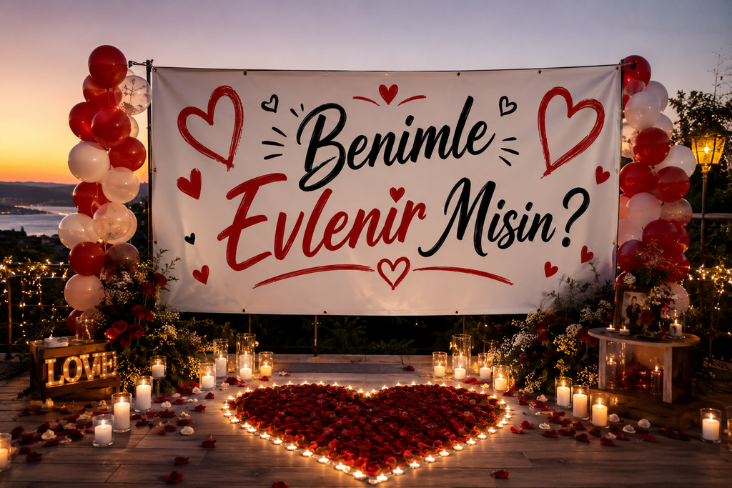 Benimle Evlenir Misin? Evlilik Teklifi Brandası 50x70 cm | Romantik Evlilik Teklifi Afişi