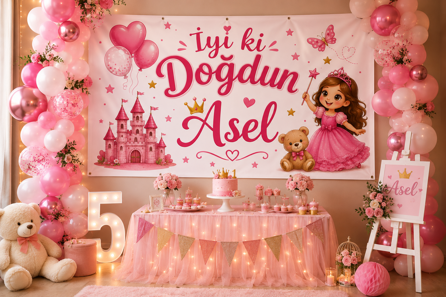 Kişiye Özel Prenses Temalı İyi Ki Doğdun Doğum Günü Branda Afişi 50x70 cm | Kız Çocuk Doğum Günü Arka Fon Brandası