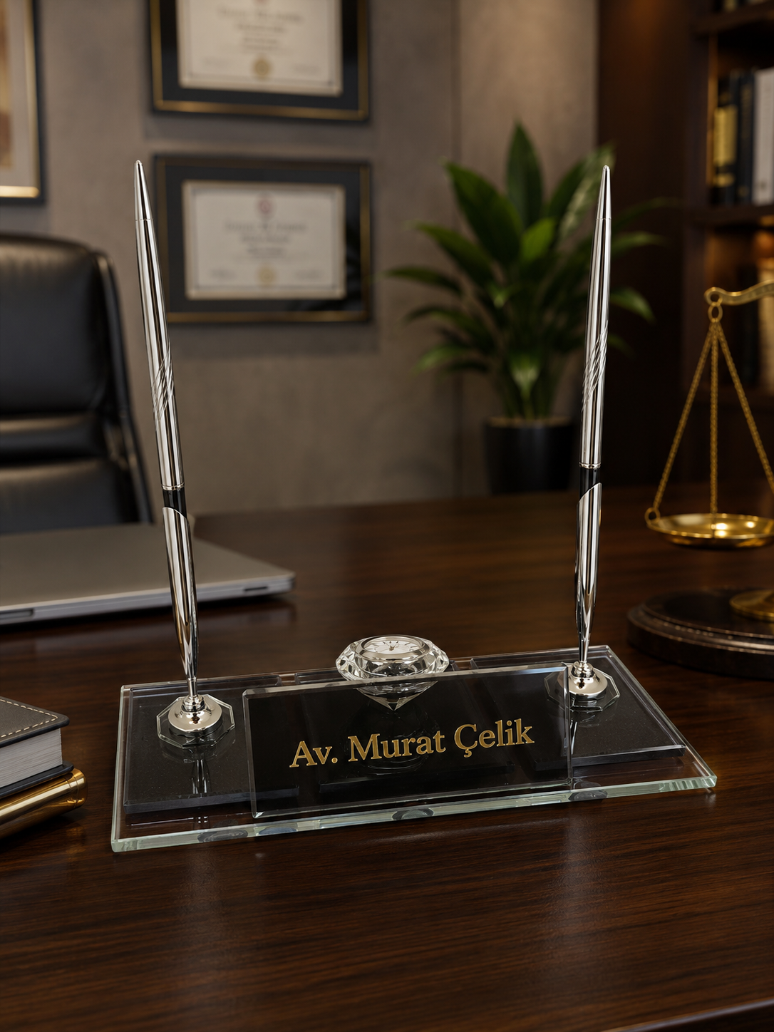 Kişiye Özel Kristal Saatli Çift Kalemli Masa İsimliği – Gold Pleksi İsim Yazılı Ofis Masa Seti