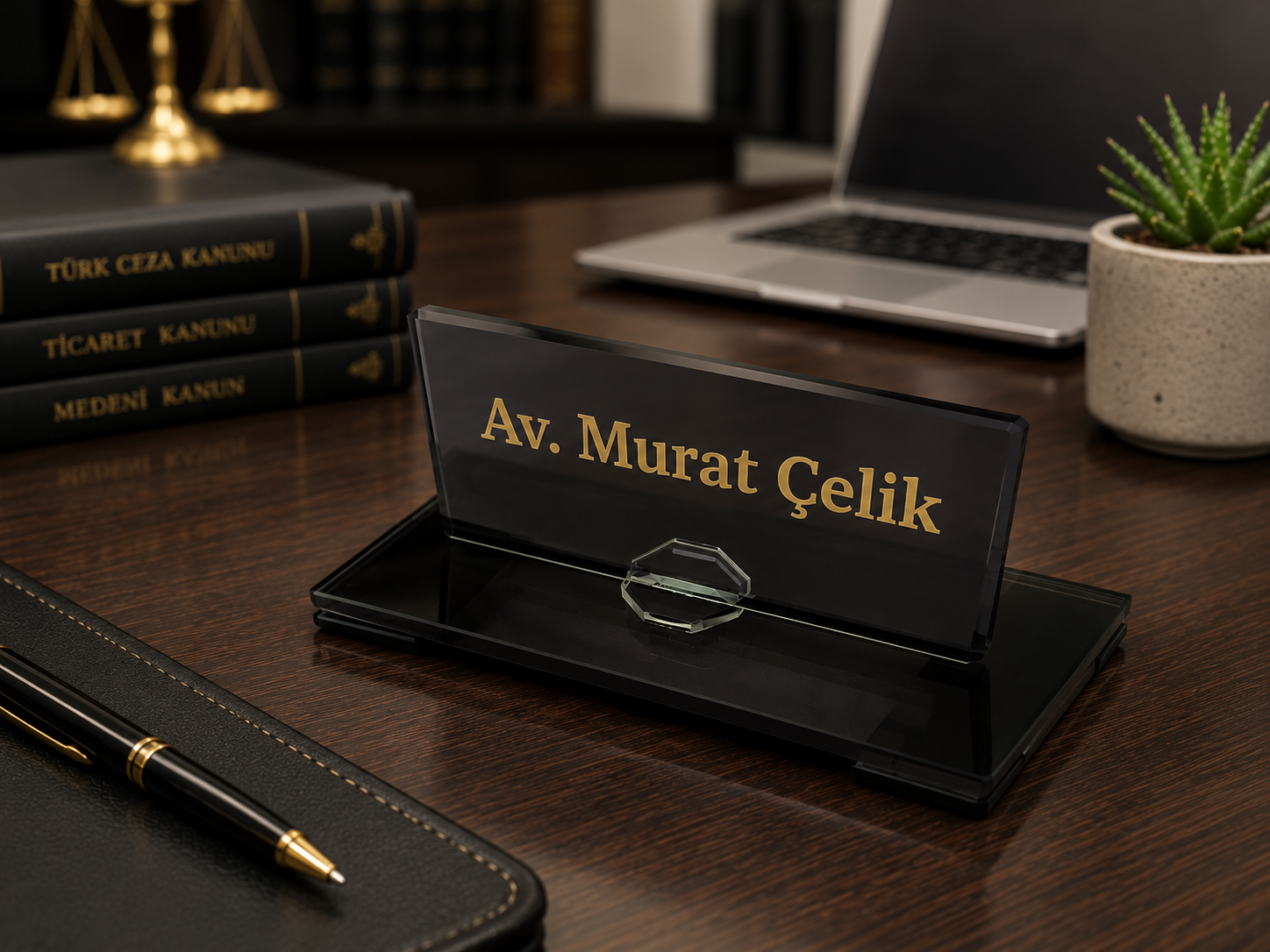 Kişiye Özel Gold Pleksi Masa İsimliği – Avukat, Doktor, Ofis ve Yönetici Masaüstü İsimlik
