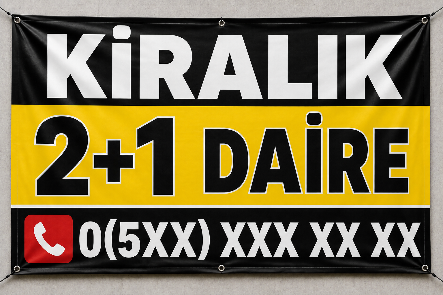 Kiralık 2+1 Daire Branda İlanı – Kişiye Özel Telefon Numaralı Vinil Branda | 35x50 - 50x70 - 70x100 cm