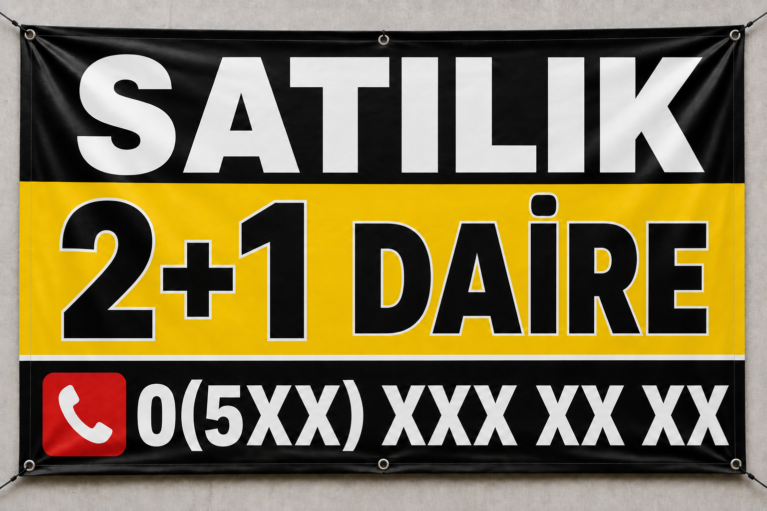 Satılık 2+1 Daire Branda İlanı – Kişiye Özel Telefon Numaralı Vinil Branda | 35x50 - 50x70 - 70x100 cm