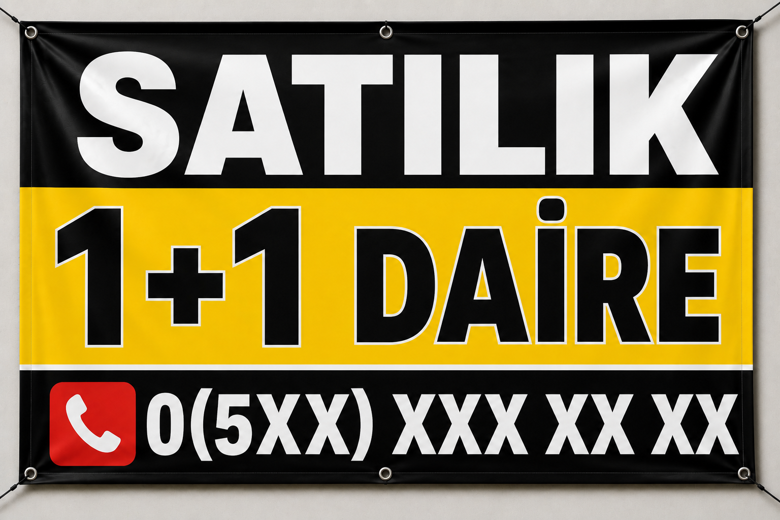 Satılık 1+1 Daire Branda İlanı – Kişiye Özel Telefon Numaralı Vinil Branda | 35x50 - 50x70 - 70x100 cm