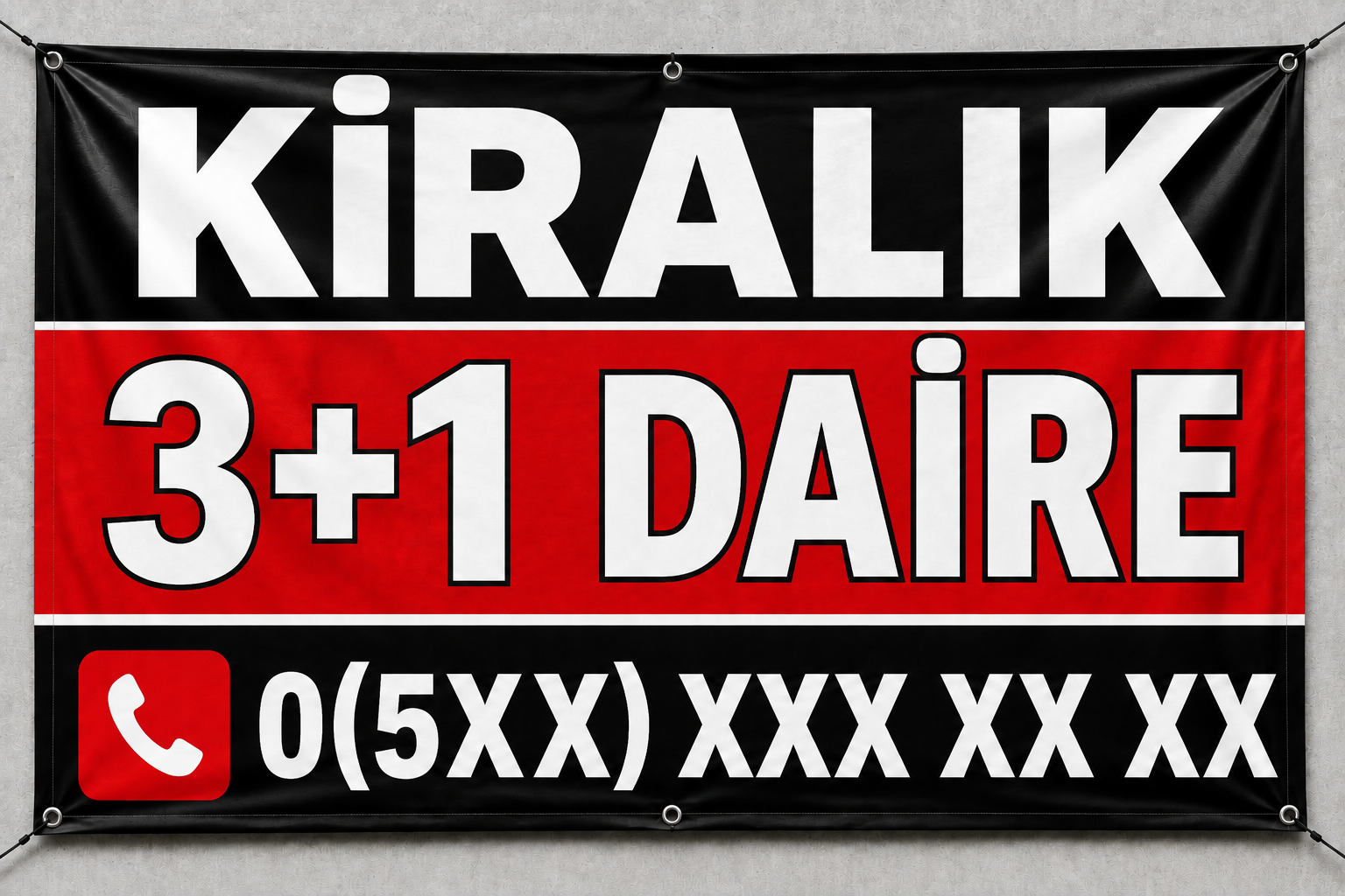 Kiralık 3+1 Daire Branda İlanı – Kişiye Özel Telefon Numaralı Vinil Branda | 35x50 - 50x70 - 70x100 cm