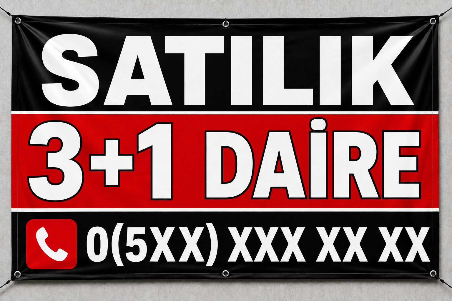 Satılık 3+1 Daire Branda İlanı – Kişiye Özel Telefon Numaralı Vinil Branda | 35x50 - 50x70 - 70x100 cm