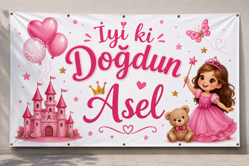Kişiye Özel Prenses Temalı İyi Ki Doğdun Doğum Günü Branda Afişi 50x70 cm | Kız Çocuk Doğum Günü Arka Fon Brandası