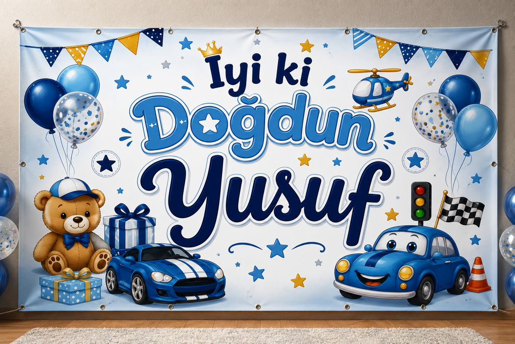 Kişiye Özel İyi Ki Doğdun Doğum Günü Branda Afişi 50x70 cm | Erkek Çocuk Doğum Günü Arka Fon Brandası