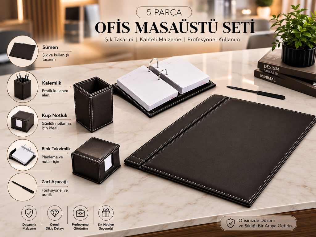 Kişiye Özel İsim ve Ünvan Baskılı 5 Parça Ofis Masaüstü Sümen Seti – UV Baskılı Premium Ofis Hediyesi