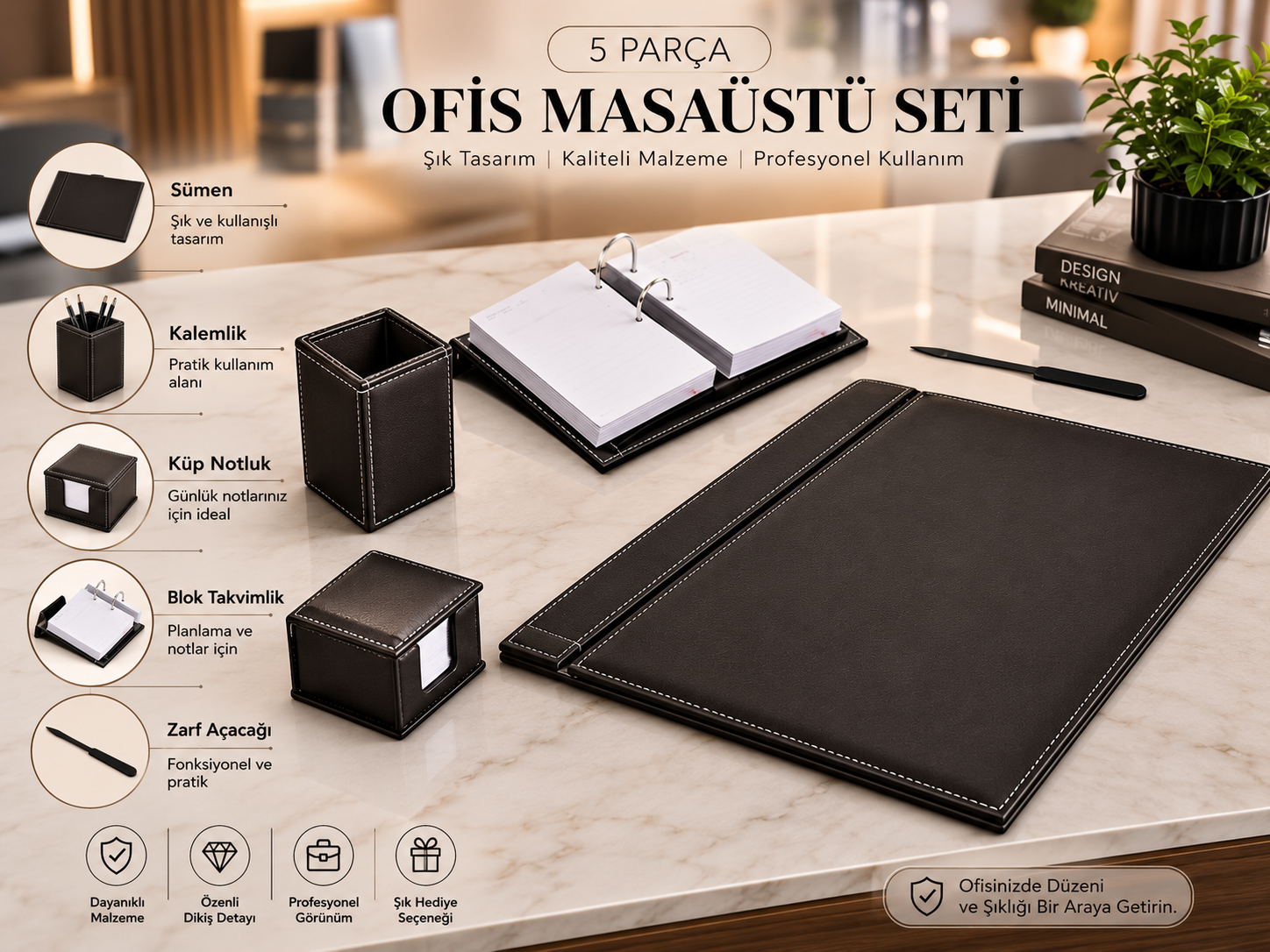 Kişiye Özel İsim ve Ünvan Baskılı 5 Parça Ofis Masaüstü Sümen Seti – UV Baskılı Premium Ofis Hediyesi