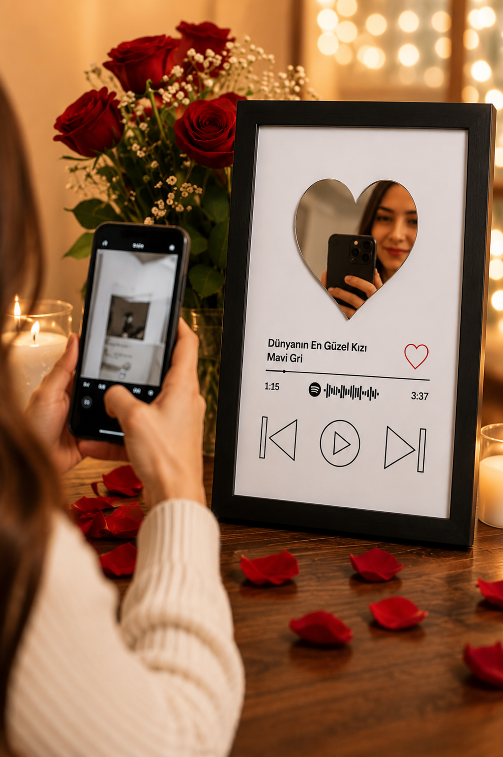 Aynalı Spotify Tasarımlı Çerçeveli Tablo – Dünyanın En Güzel Kızı | Kalp Aynalı Dekoratif Hediye